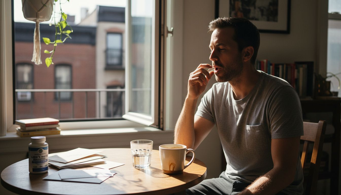 Man taking Lion's Mane capsule at kitchen table