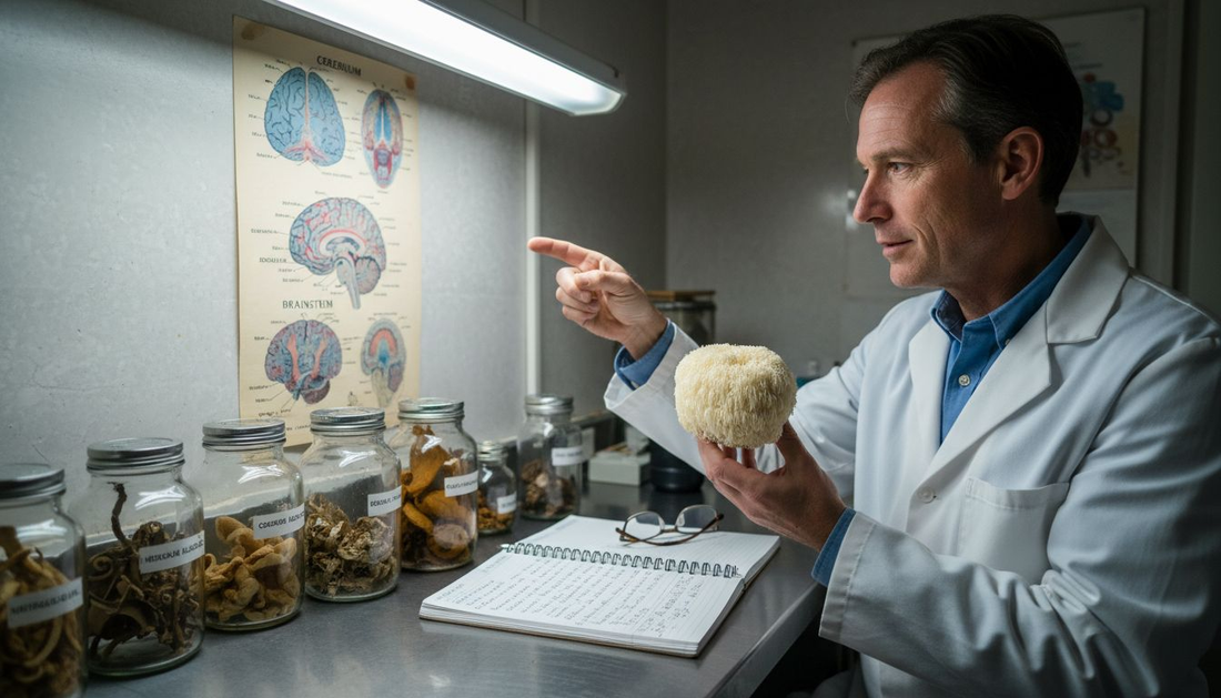 Scientist holding Lion’s Mane mushroom in lab