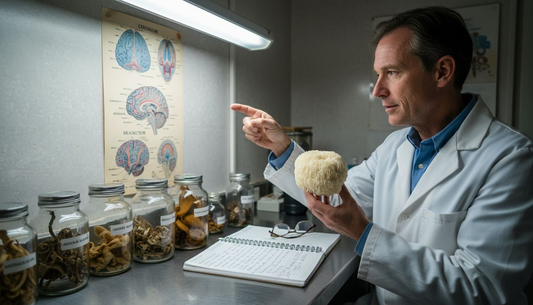 Scientist holding Lion’s Mane mushroom in lab