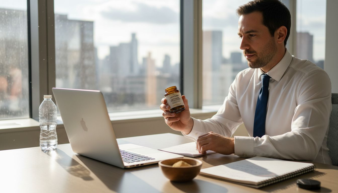 Man at office desk examining Lion's Mane supplements