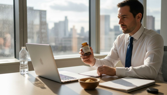 Man at office desk examining Lion's Mane supplements