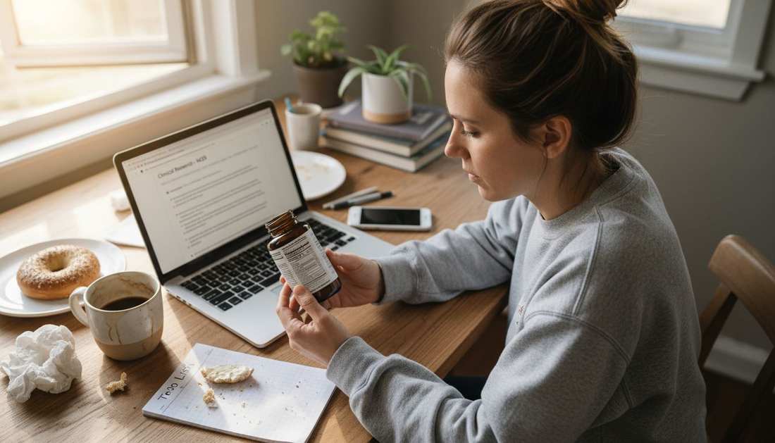 Woman reading Lion’s Mane supplement label at kitchen table