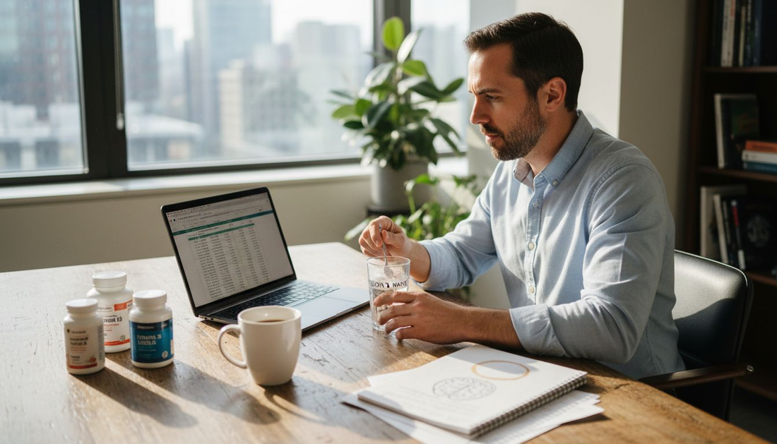 Man mixes Lion's Mane supplement at cluttered desk