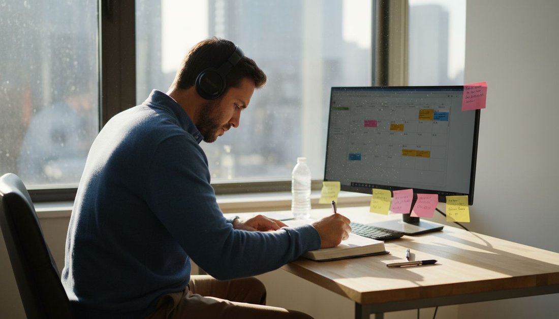Man with ADHD planning day at bright home desk