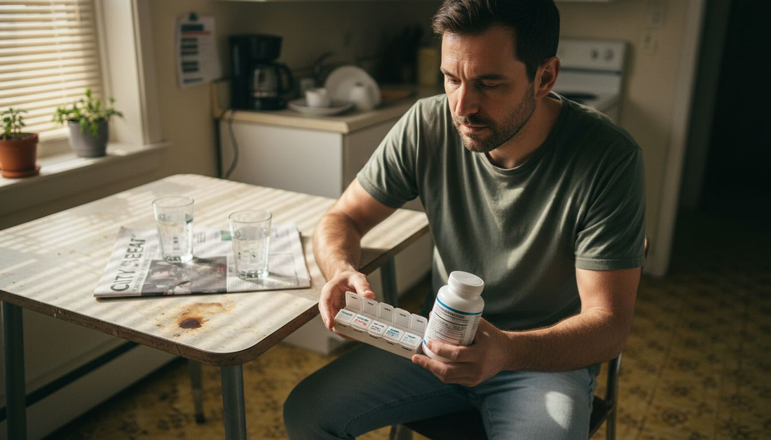 Man reading supplement label at kitchen table