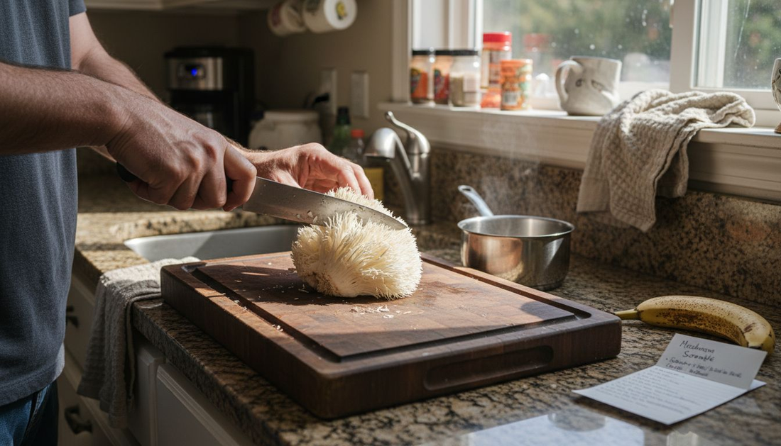Preparing fresh Lion’s Mane mushroom in kitchen