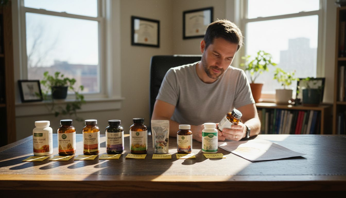 Professional comparing Lion's Mane supplements at desk