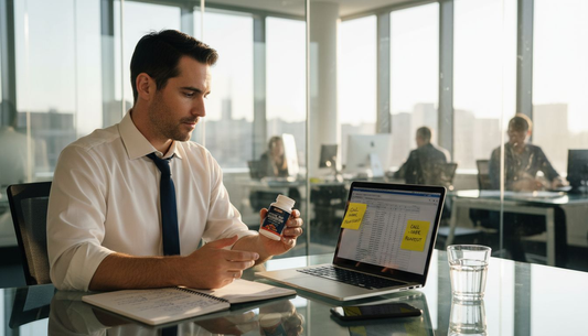 Professional holding Lion's Mane supplement at desk
