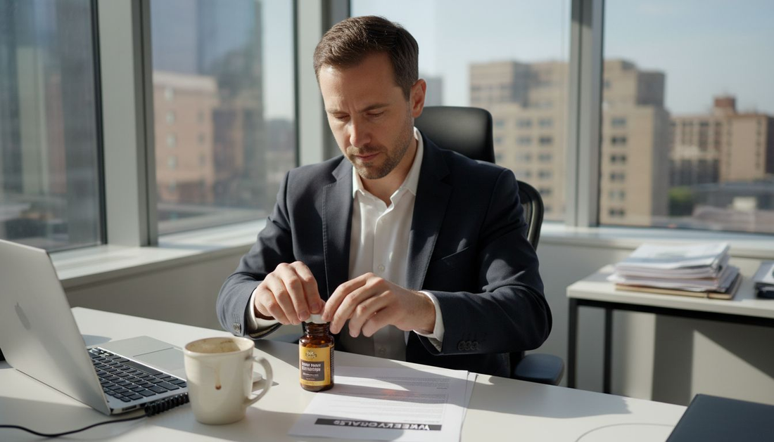 Professional in corner office taking Lion's Mane capsule
