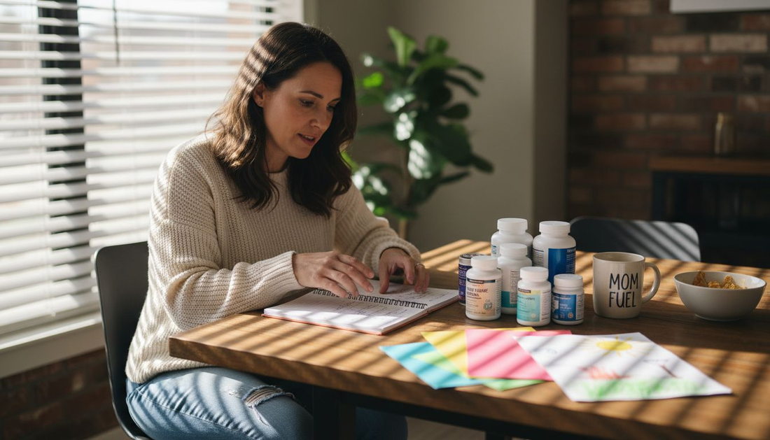 Texas mom sorting supplement bottles at kitchen