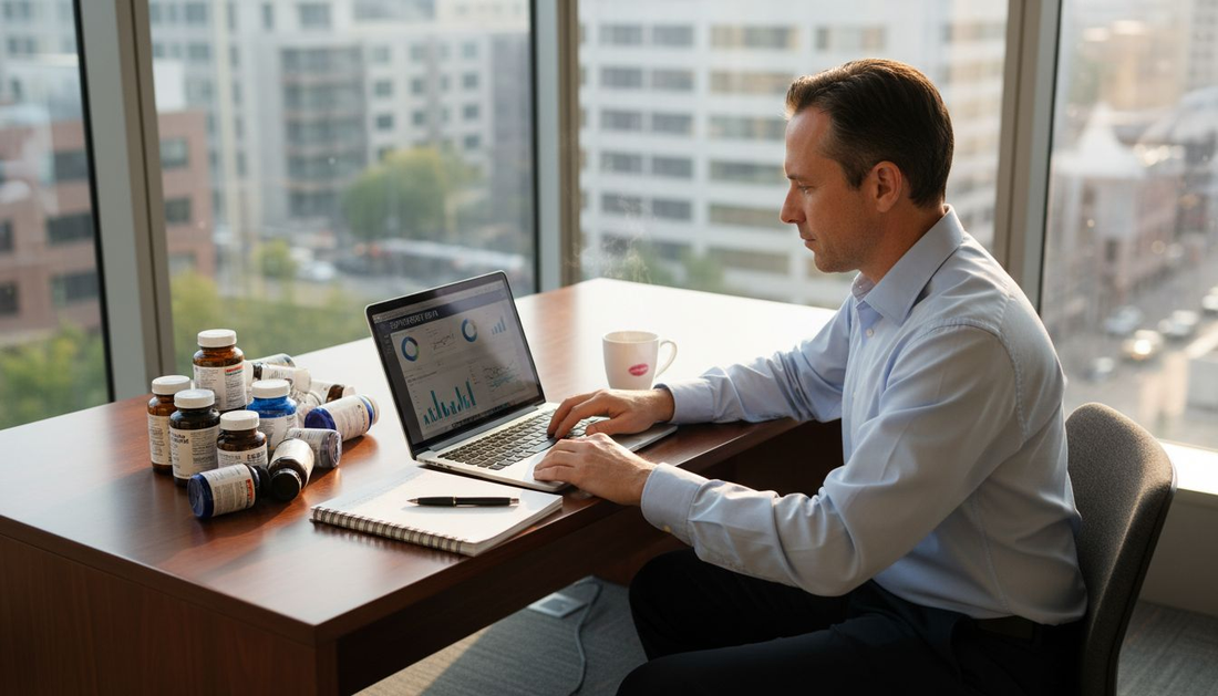Executive reviewing supplement data at desk