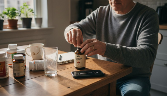 Man with Lion's Mane supplement bottle at table