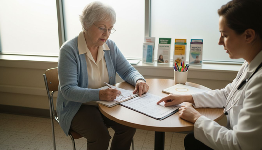 Senior discussing cognitive screening checklist in clinic