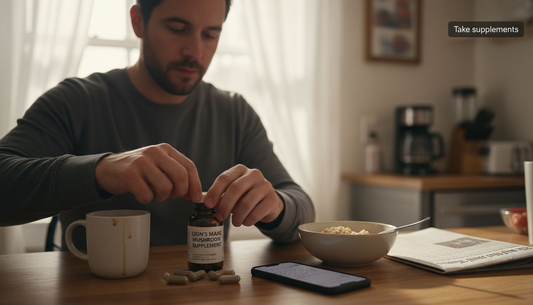 Man takes nootropic supplement at kitchen counter