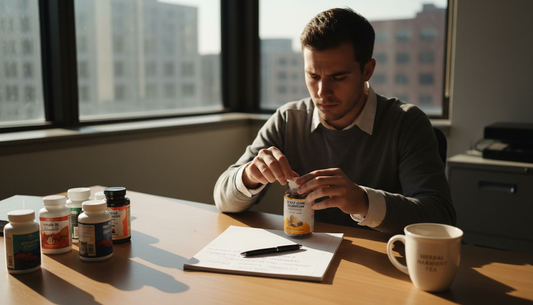 Person opening Lion's Mane supplement at desk
