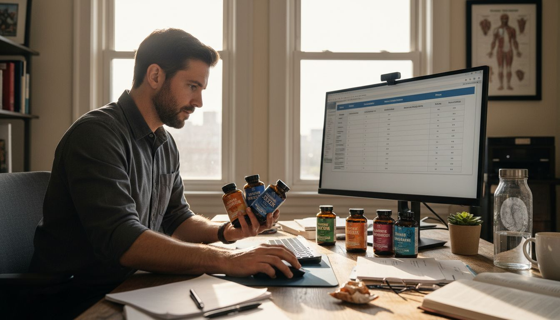 Nutritionist comparing Lion's Mane supplement bottles