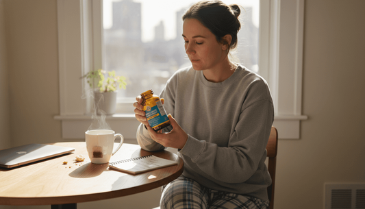 Woman reading Lion's Mane supplement bottle