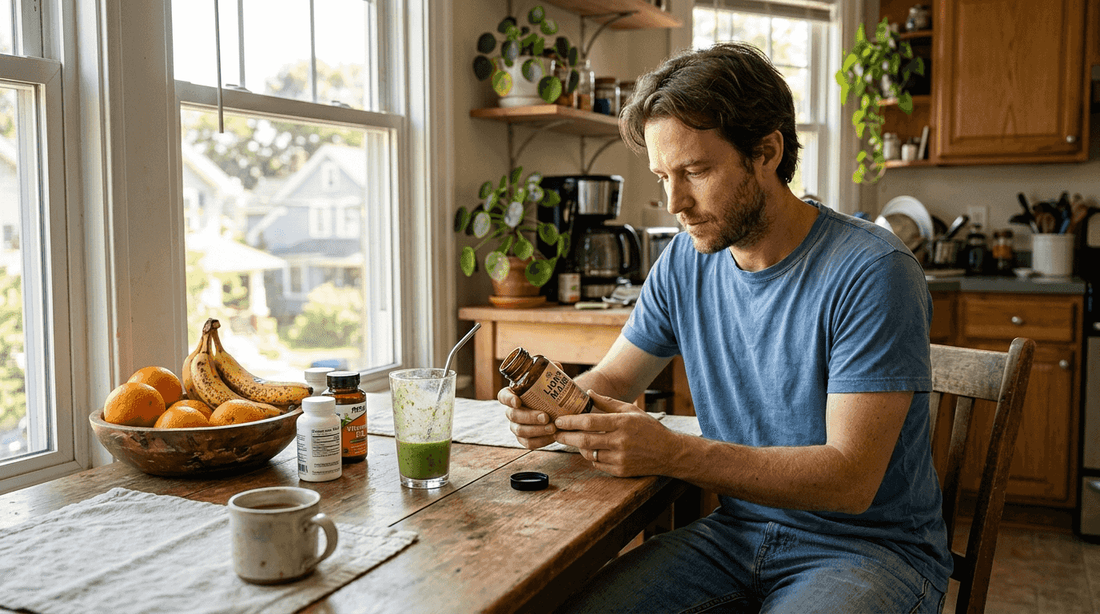 Man reading Lion's Mane supplement bottle in kitchen