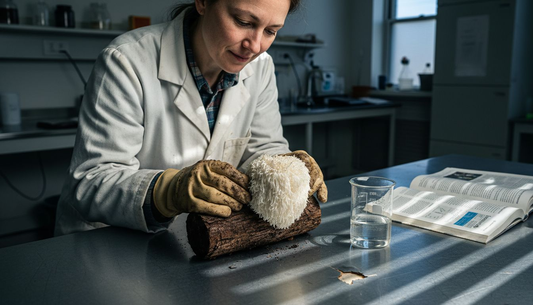 Botanist inspecting Lion's Mane fruiting body