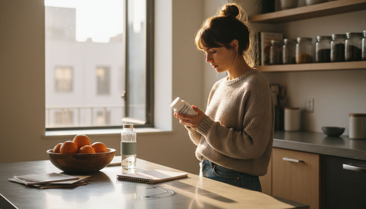 Woman reading brain supplement label in kitchen