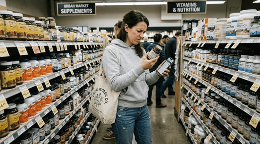 Shopper examining supplement label in health store