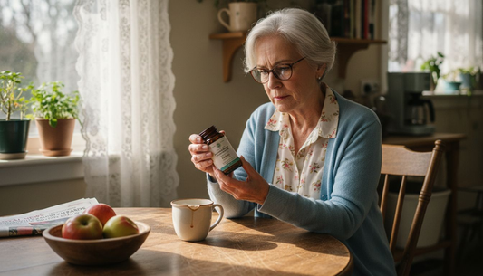 Senior woman examines mushroom supplement bottle