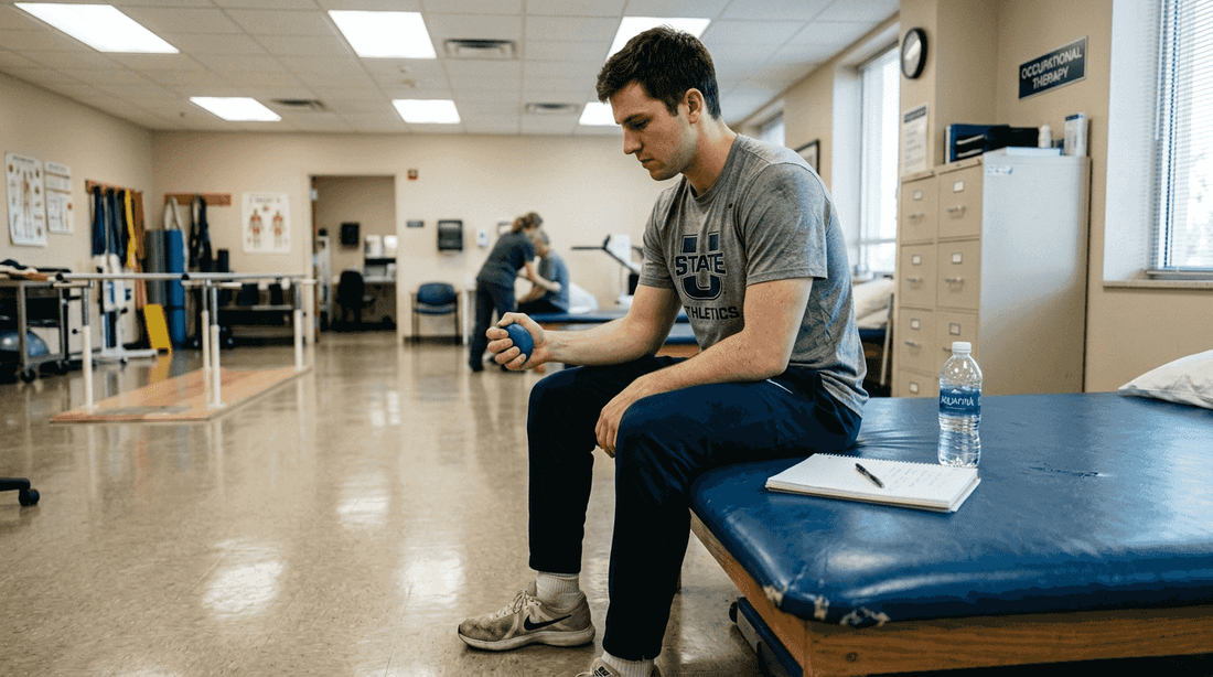 Athlete in therapy room with recovery props