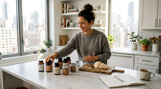 Nutritionist arranging mushroom supplement display in kitchen