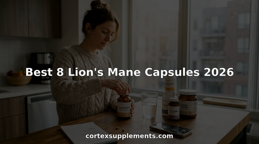 Hand opening Lion's Mane capsules bottle on kitchen island