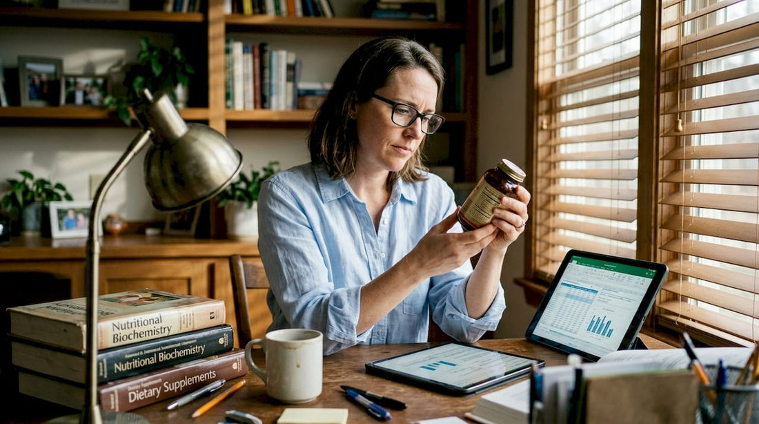 Nutritionist examining supplement purity label