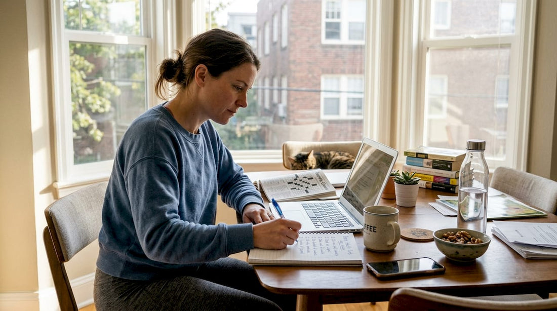 Woman reviewing brain health checklist at table