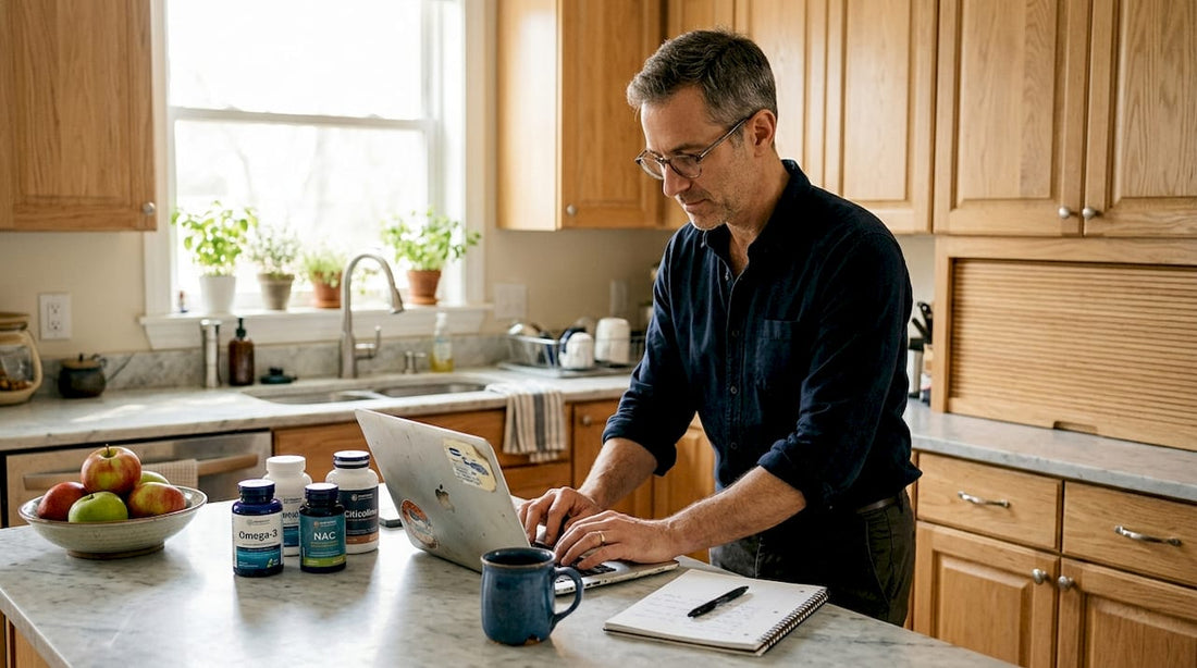 Nutritionist reviewing brain health supplements at kitchen island