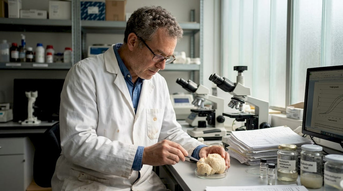 Scientist examining lion's mane mushroom fruiting body