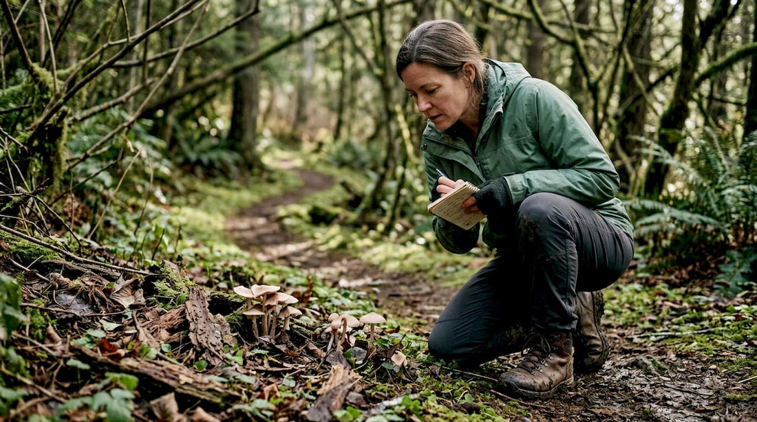 Forager examining mushroom fruiting bodies outdoors