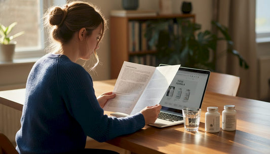 Woman researching brain supplements at home table