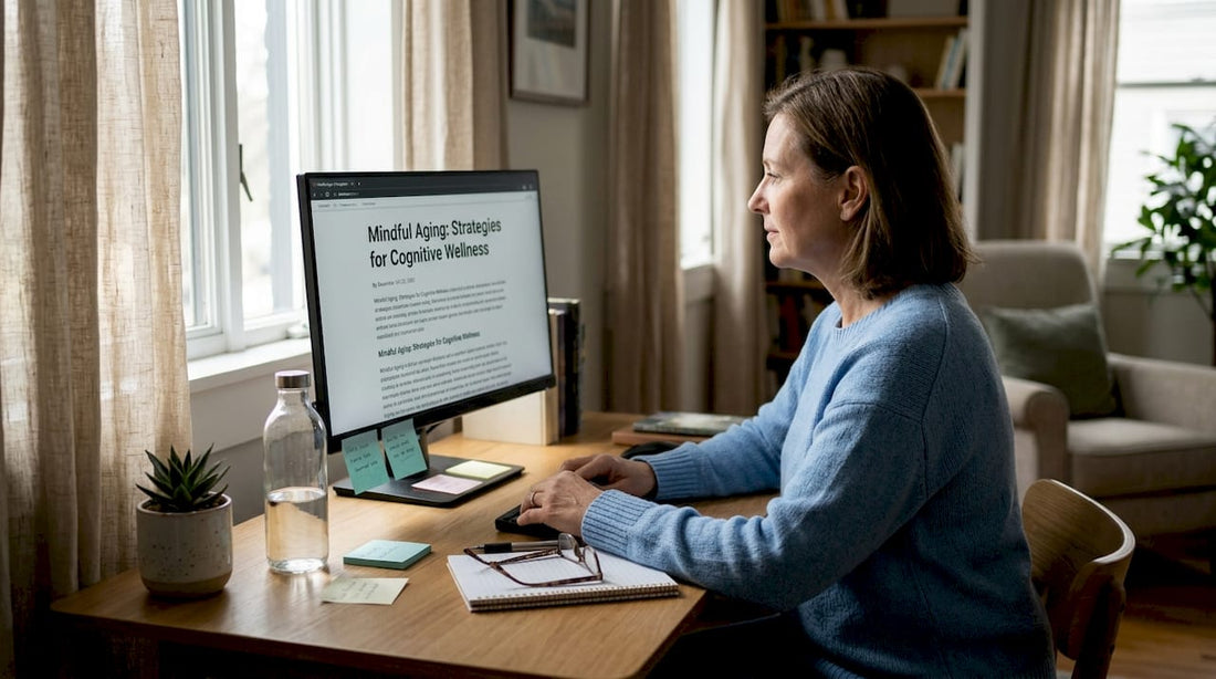 Woman reading brain health article in home office