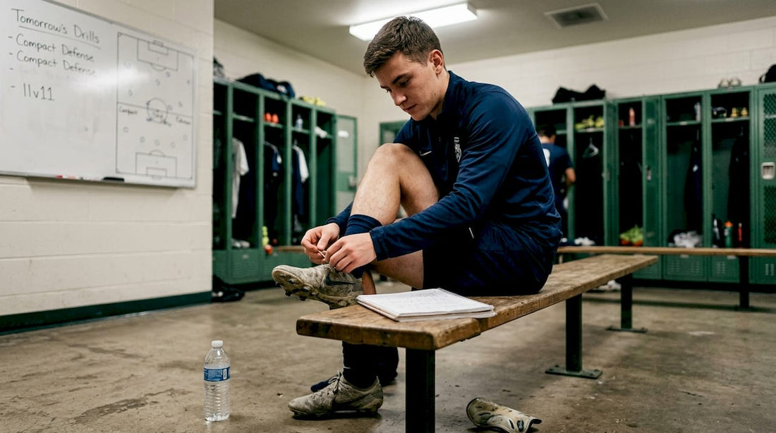 Athlete preparing in locker room with notes