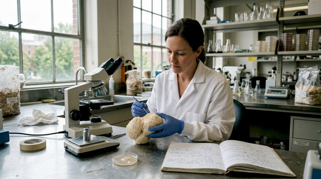 Scientist inspecting Lion's Mane mushroom in lab