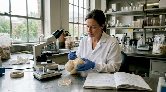 Scientist inspecting Lion's Mane mushroom in lab