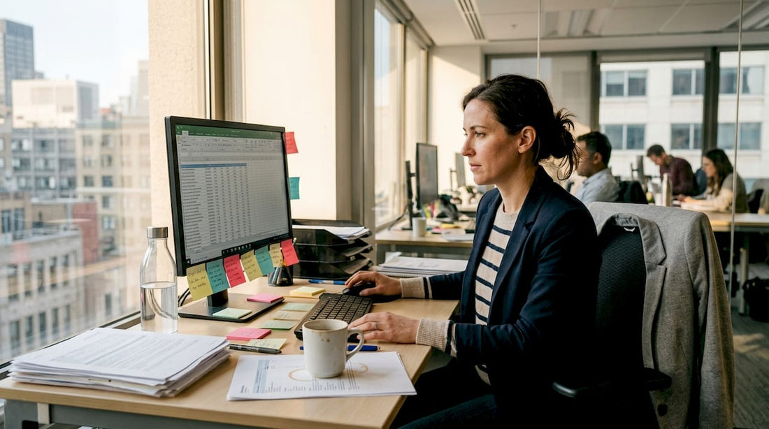 Woman focusing at cluttered office desk