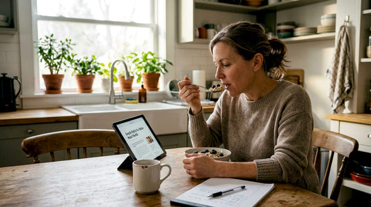 Woman reading at kitchen table with oatmeal